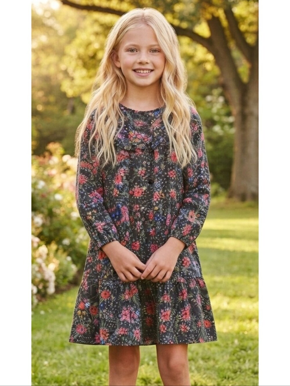 Cat & Jack Floral Tiered Long Sleeve dress Black Size XL (14/16)